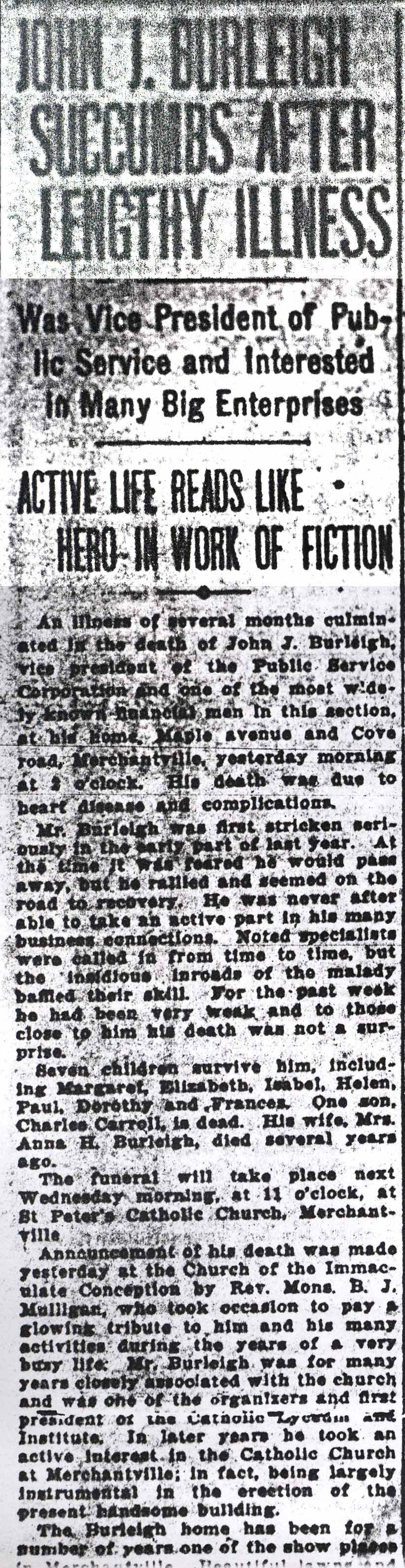 Camden Courier, February 9, 1917 — John J. Burleigh Succumbs After Lengthy Illness, part 1