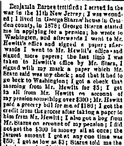 Trenton State Gazette, February 17, 1882 — Camden pension case trial, testimony of Benjamin Barnes