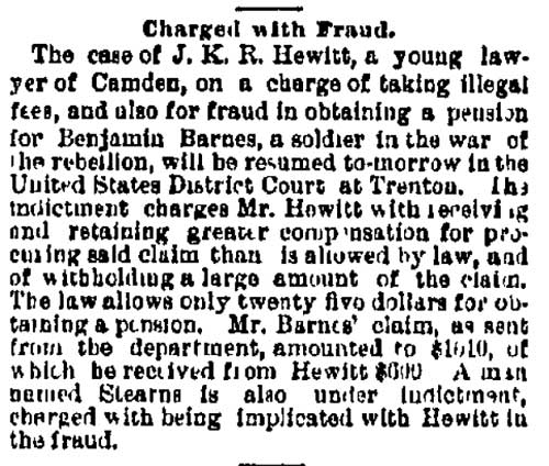 Philadelphia Inquirer, February 20, 1882 — Charged with Fraud — J. K. R. Hewitt pension case