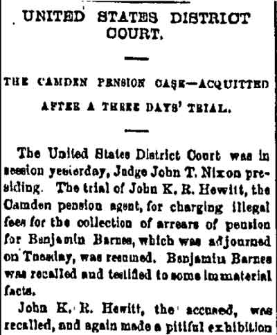 Trenton State Gazette, February 24, 1882 — Camden Pension Case — Acquitted After a Three Days' Trial