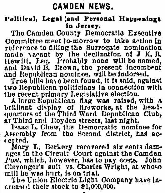 Philadelphia Inquirer, October 22, 1886 — Camden News — Surrogate nomination vacancy
