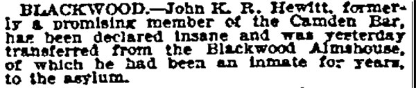 Philadelphia Inquirer, October 27, 1897 — John K. R. Hewitt declared insane, transferred to asylum