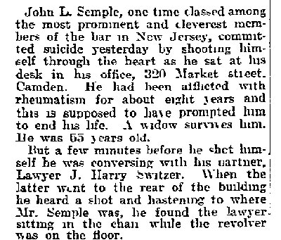 Philadelphia Inquirer, February 7, 1915 — John L. Semple Ends His Life with Gun