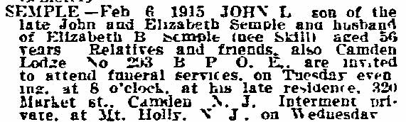 Philadelphia Inquirer, February 8, 1915 — Death notice for John L. Semple