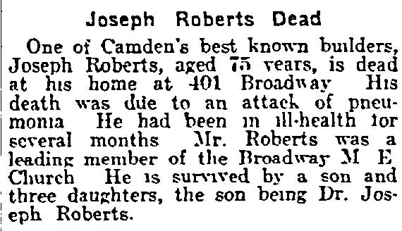 Philadelphia Inquirer, July 30, 1915 — Joseph Roberts Dead