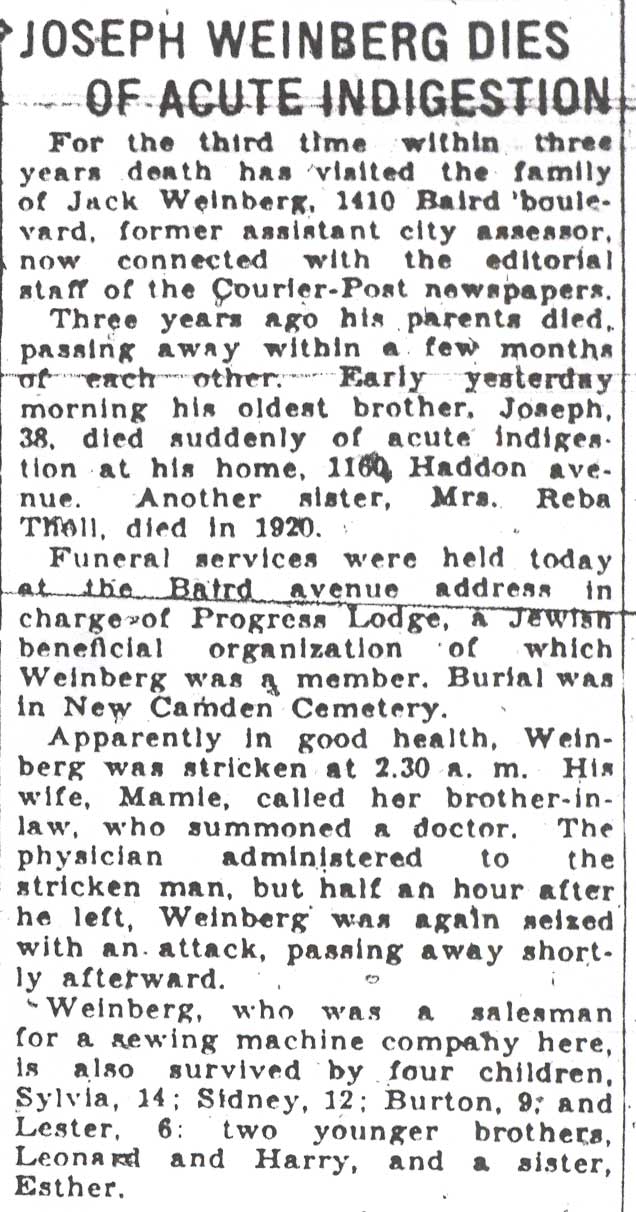 Camden Courier-Post, February 2, 1931 — Joseph Weinberg Dies of Acute Indigestion