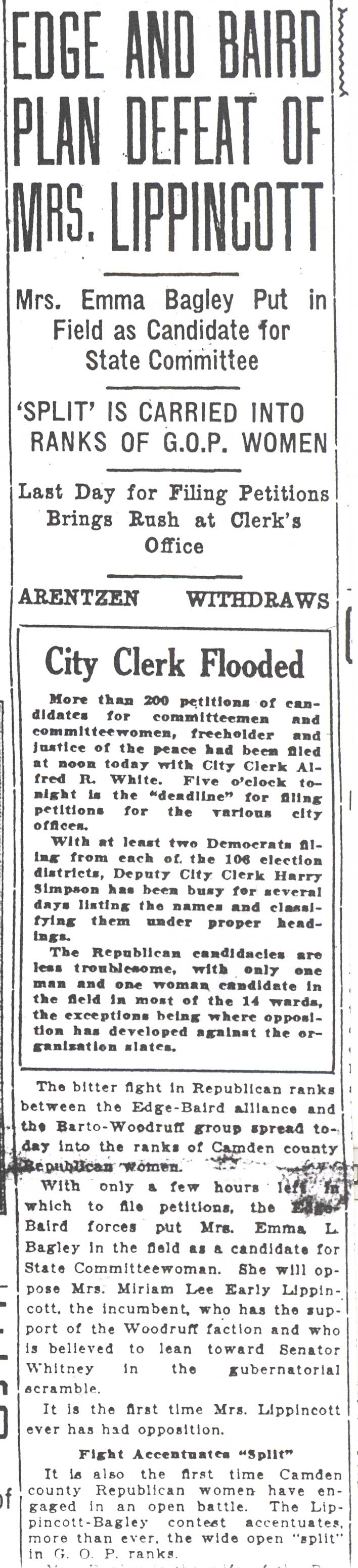 Camden Courier, May 22, 1925 — Edge and Baird Plan Defeat of Mrs. Lippincott