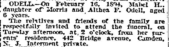 Death Notice — Odell — Philadelphia Inquirer, February 20, 1894