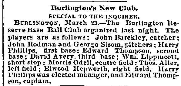 Burlington Reserve Base Ball Club — Philadelphia Inquirer March 22, 1889