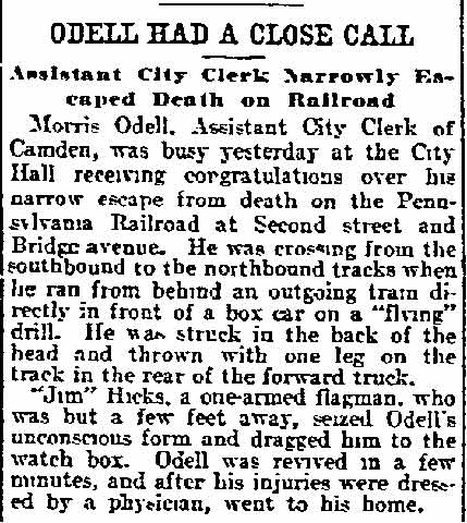 Philadelphia Inquirer July 28, 1905 — Morris Odell narrowly escapes death on Pennsylvania Railroad