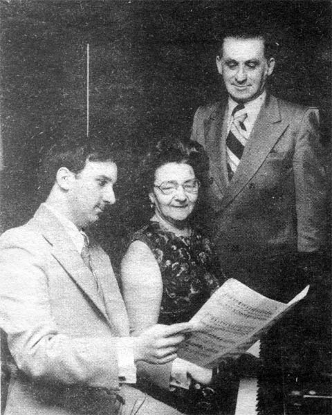Grant Wilinski, Mrs. Frank Kitchmire, and Peter Banasik reviewing the musical program — Camden County Record, November 25, 1976