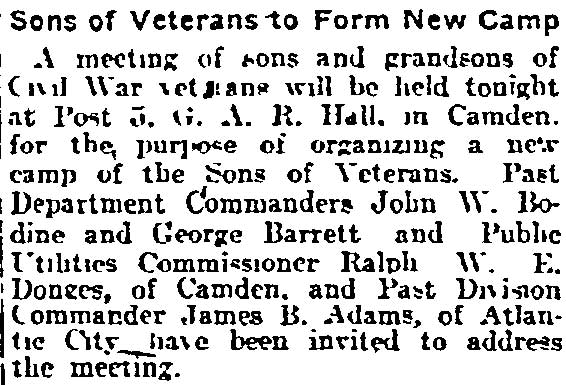 Philadelphia Inquirer, January 19, 1916 — Sons of Veterans to Form New Camp