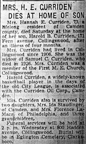Mrs. H. E. Curriden Dies at Home of Son newspaper article