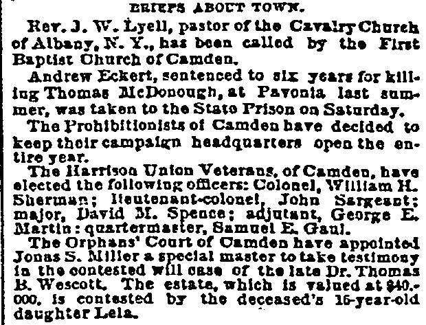 Philadelphia Inquirer, November 12, 1889 — Briefs About Town — First Baptist Church, Samuel M. Gaul