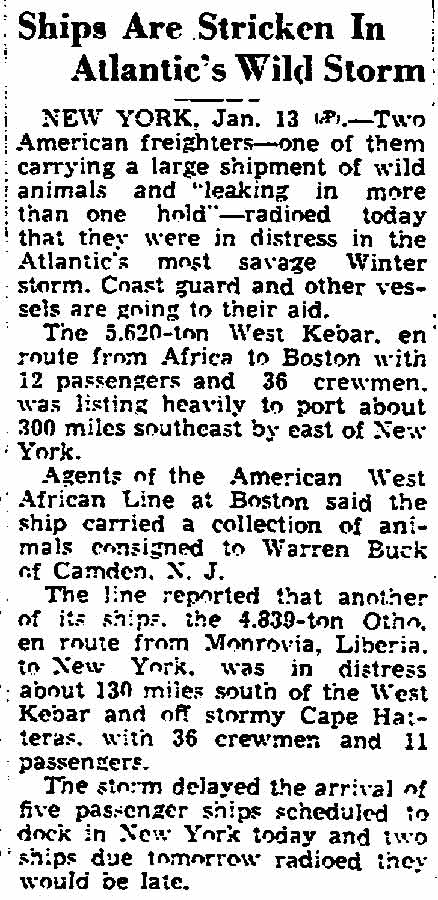 Trenton Times clipping, January 13, 1942, Ships Are Stricken In Atlantic's Wild Storm, Warren Buck animals