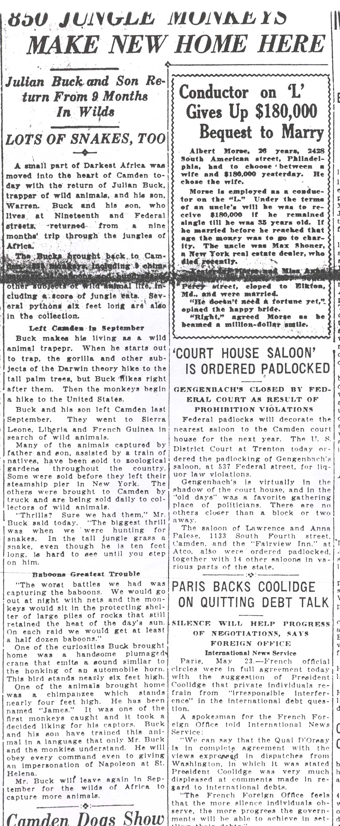 Camden Post-Telegram clipping, May 23, 1925, 800 Jungle Monkeys Make New Home Here