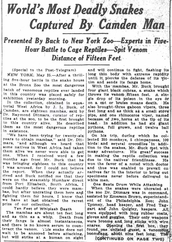 Camden Post-Telegram clipping, May 25, 1925, World's Most Deadly Snakes, column 1