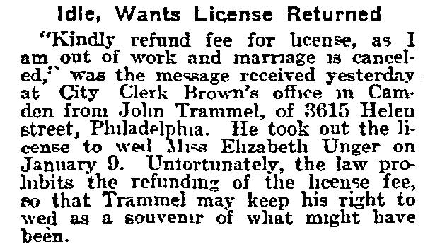 Philadelphia Inquirer, February 7, 1915 — Idle, Wants License Returned