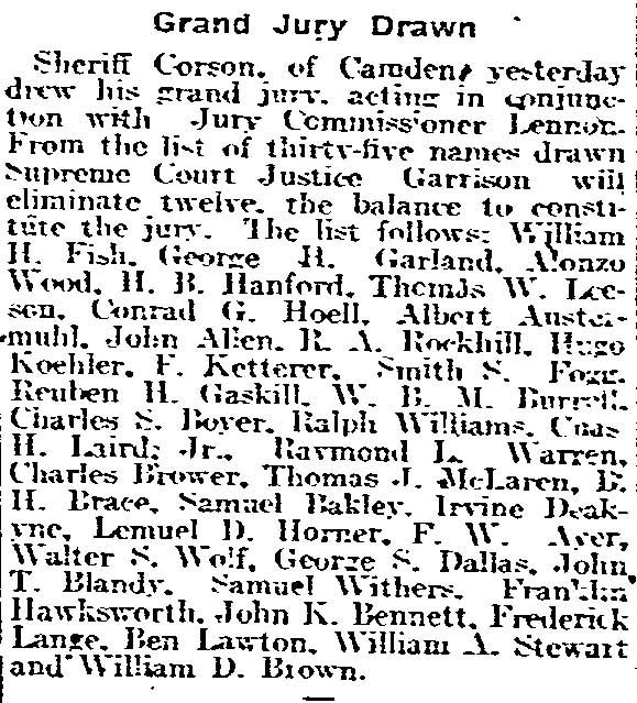 Philadelphia Inquirer, March 23, 1918 — Grand Jury Drawn by Sheriff Corson of Camden