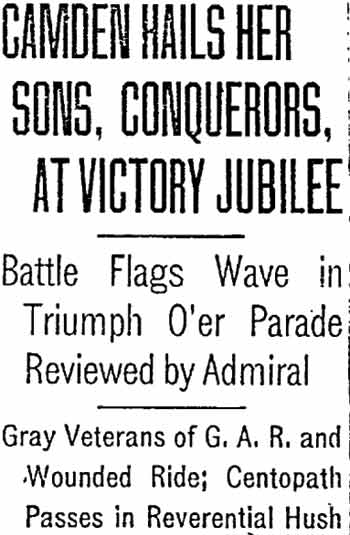 Philadelphia Inquirer, September 7, 1919 — Camden Hails Her Sons, Conquerors, at Victory Jubilee, page 1