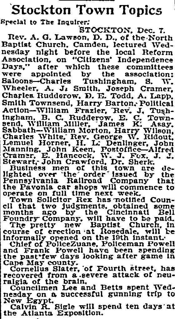 Philadelphia Inquirer, December 8, 1895 — group photo including Joseph Cramer