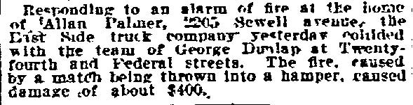 Allen Palmer — Fire at 2205 Sewell Avenue, Philadelphia Inquirer, February 9, 1914