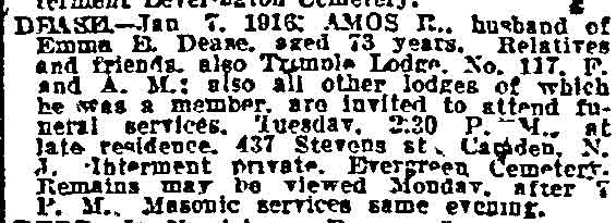 Death Notice of Amos R. Dease - Philadelphia Inquirer, January 10, 1916