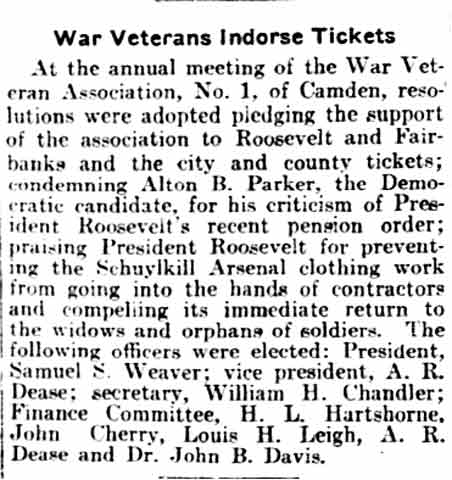 War Veterans Indorse Tickets - Philadelphia Inquirer, October 9, 1904