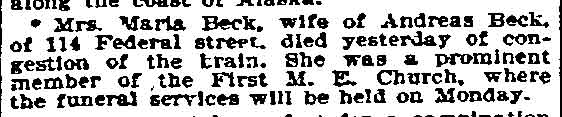 Death of Mrs. Maria Beck - Philadelphia Inquirer, May 22, 1897