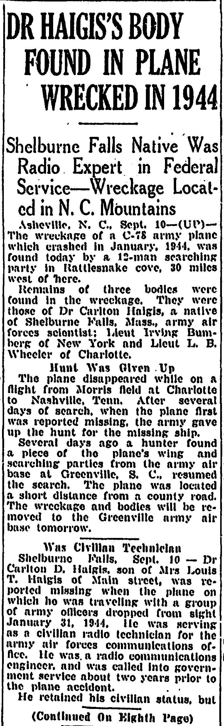 Newspaper article about plane crash discovery, page 1