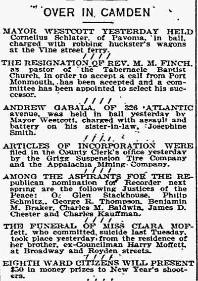 Philadelphia Inquirer, December 12, 1897 — O. Glen Stackhouse, Philip Schmitz, George R. Thompson, Benjamin Braker, Charles M. Baldwin, James D. Chester, Charles Kauffman