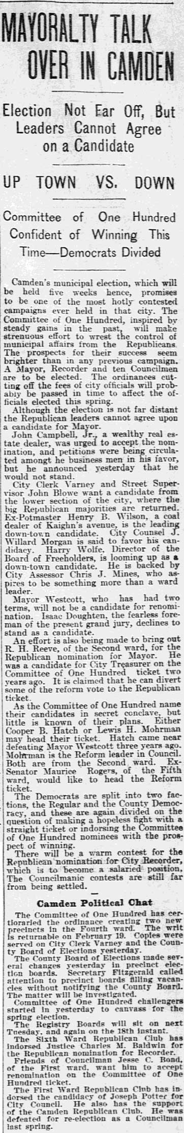 Philadelphia Inquirer, February 2, 1898 — Mayoralty Talk Over In Camden