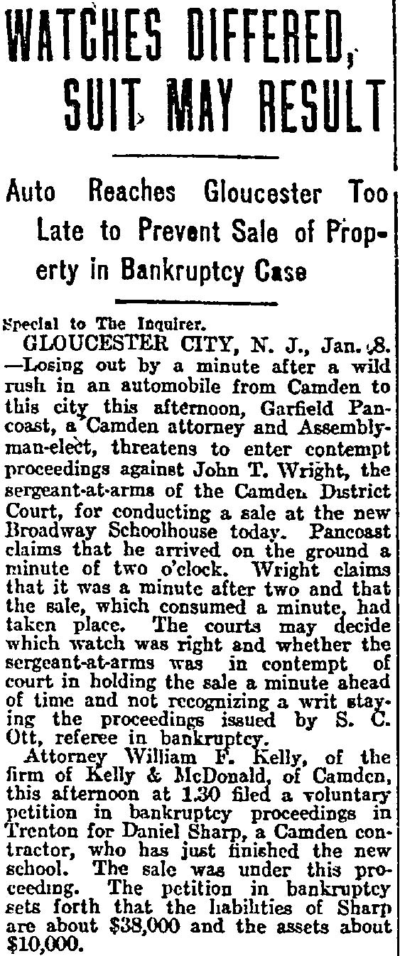 Philadelphia Inquirer, January 9, 1914 — Watches Differed, Suit May Result