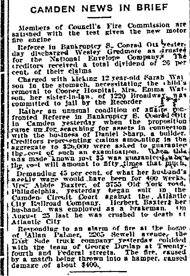 Philadelphia Inquirer, February 19, 1914 — Camden News in Brief, Daniel Sharp bankruptcy assets examination