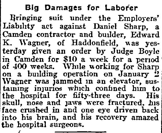 Philadelphia Inquirer, April 5, 1913 — Big Damages for Laborer, lawsuit against Daniel Sharp