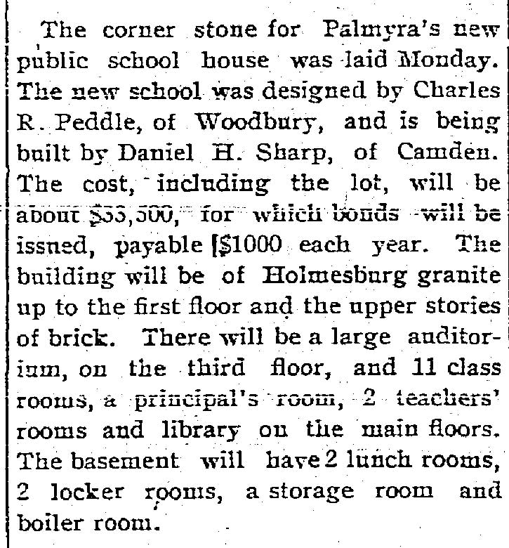 Woodbury Daily Times, September 8, 1909 — report on Palmyra school cornerstone laid, built by Daniel H. Sharp