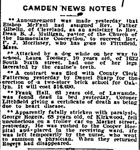 Philadelphia Inquirer, September 16, 1909 — Camden News Notes column, includes notice of Daniel Sharp's contract for Oaklyn school