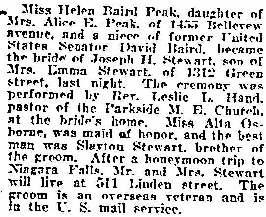 Miss Helen Baird Peak wedding announcement, Philadelphia Inquirer, November 26, 1922