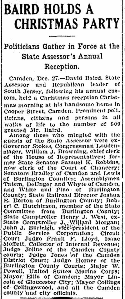 Philadelphia Inquirer, December 27, 1909 — Baird Holds a Christmas Party