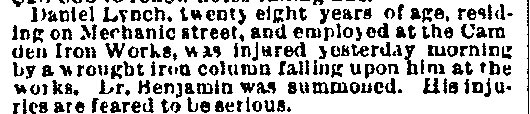 Philadelphia Inquirer, October 14, 1884 — Daniel Lynch injured at Camden Iron Works, Dr. Benjamin summoned