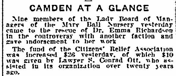 Philadelphia Inquirer, March 21, 1915 — Dr. Emma M. Richardson, S. Conrad Ott, Mary J. Ball Day Nursery