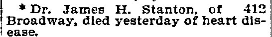 Philadelphia Inquirer obituary notice for Dr. James H. Stanton, March 28, 1895