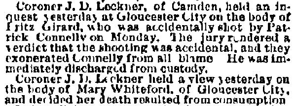 Philadelphia Inquirer, April 16, 1884 — Coroner Leckner's Inquests