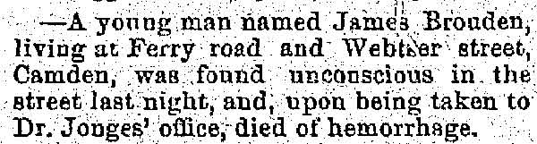 Trenton Evening Times, December 29, 1887, article mentioning Dr. John W. Donges, Ferry Avenue, and Webster Street