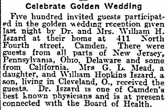 Philadelphia Inquirer, April 28, 1915 — Dr. and Mrs. William H. Iszard celebrate their golden wedding anniversary