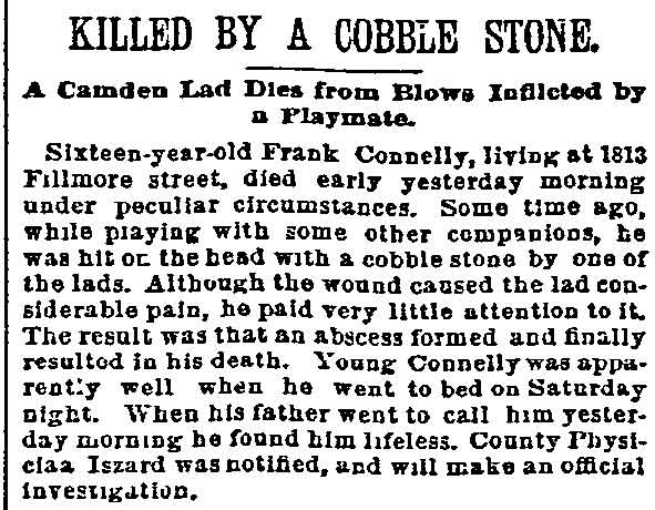 Philadelphia Inquirer, January 20, 1890 — Killed by a Cobble Stone article