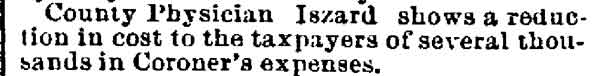 Philadelphia Inquirer, February 14, 1889 — County Physician Iszard reduces coroner's expenses