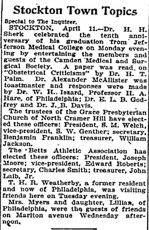 Philadelphia Inquirer, April 12, 1896 — Stockton Town Topics, Camden Medical and Surgical Society dinner