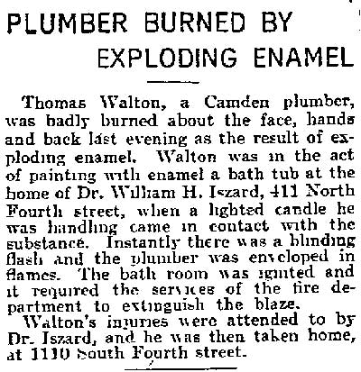 Philadelphia Inquirer, July 23, 1904 — plumber burned by exploding enamel at Dr. Iszard's home
