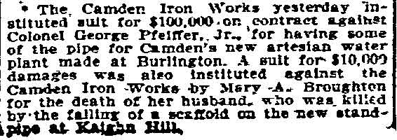 Philadelphia Inquirer, May 22, 1897, Camden Iron Works suit against George Pfeiffer Jr.